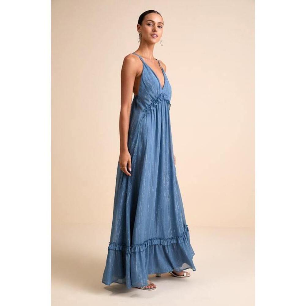 Lulus Massiel Blue Lurex Ruffled Maxi Dress - Size XL